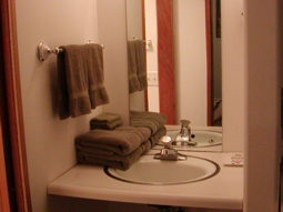 Vanity area with outlets and mirror.