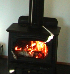 Fire place is wood stove with glass door.